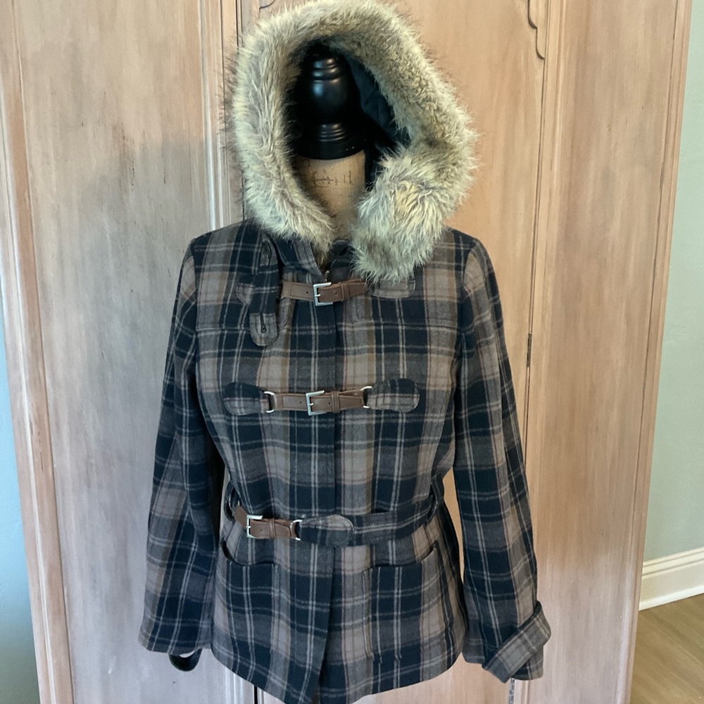 Y2K Juicy Couture Plaid buckle fur hooded coat size 12